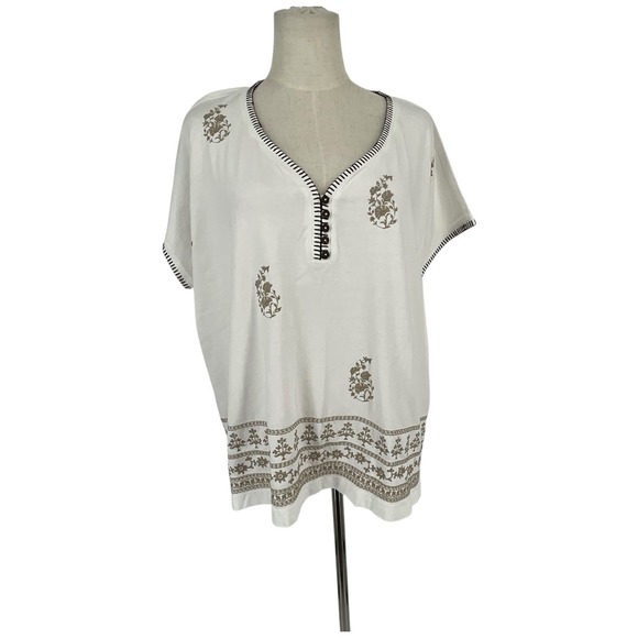 Pure Jill Embroidered Buttoned V Neck Tee White Multi Floral Print Cotton PL - Picture 2 of 10